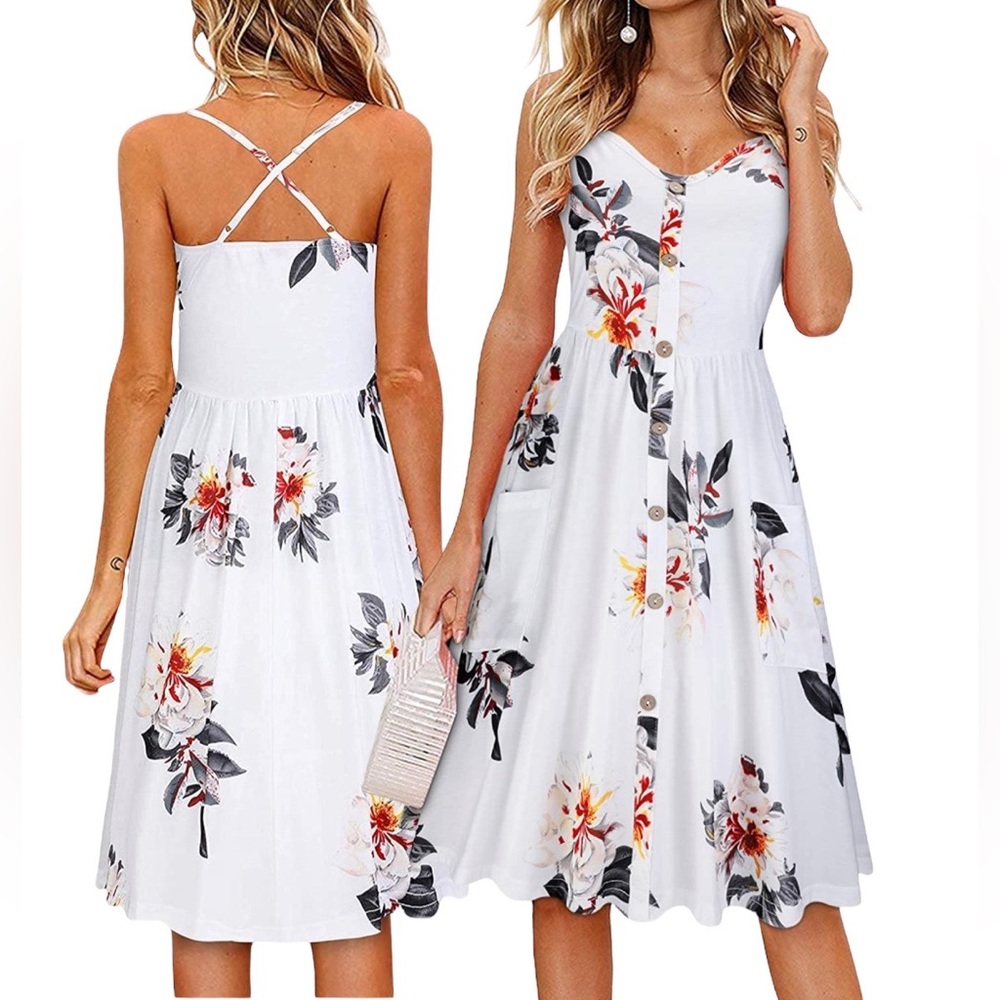 KILIG Casual Sleeveless Spaghetti Strap Sundress, Pockets, Button, Flora…